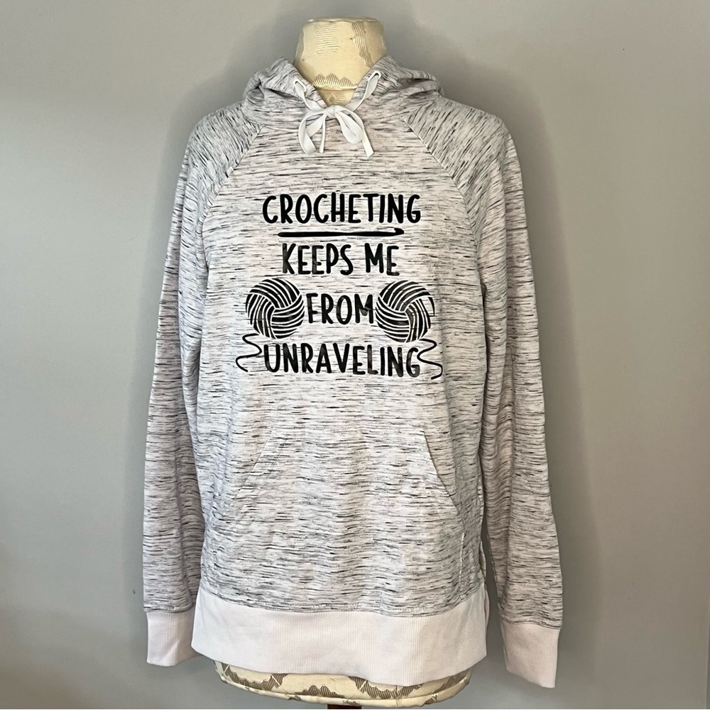 Crochet Women's Size 8-10 Gray Pullover Hoodie Super Soft Kangaroo Pocket